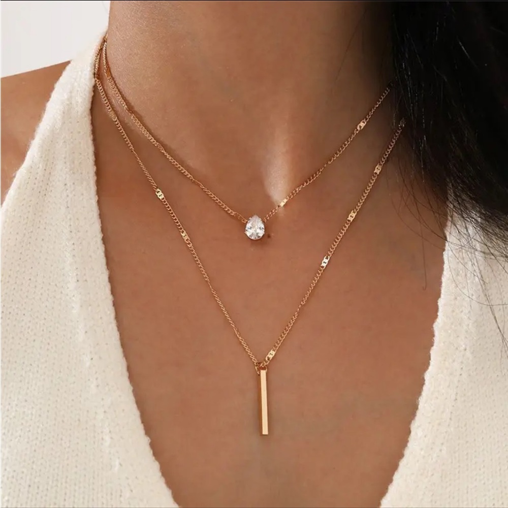 Gold Filled Drop CZ Multilayered Necklace